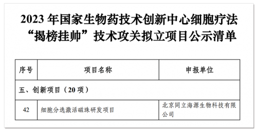 同立海源生物入选2023年国创中心细胞疗法“揭榜挂帅”技术攻关项目